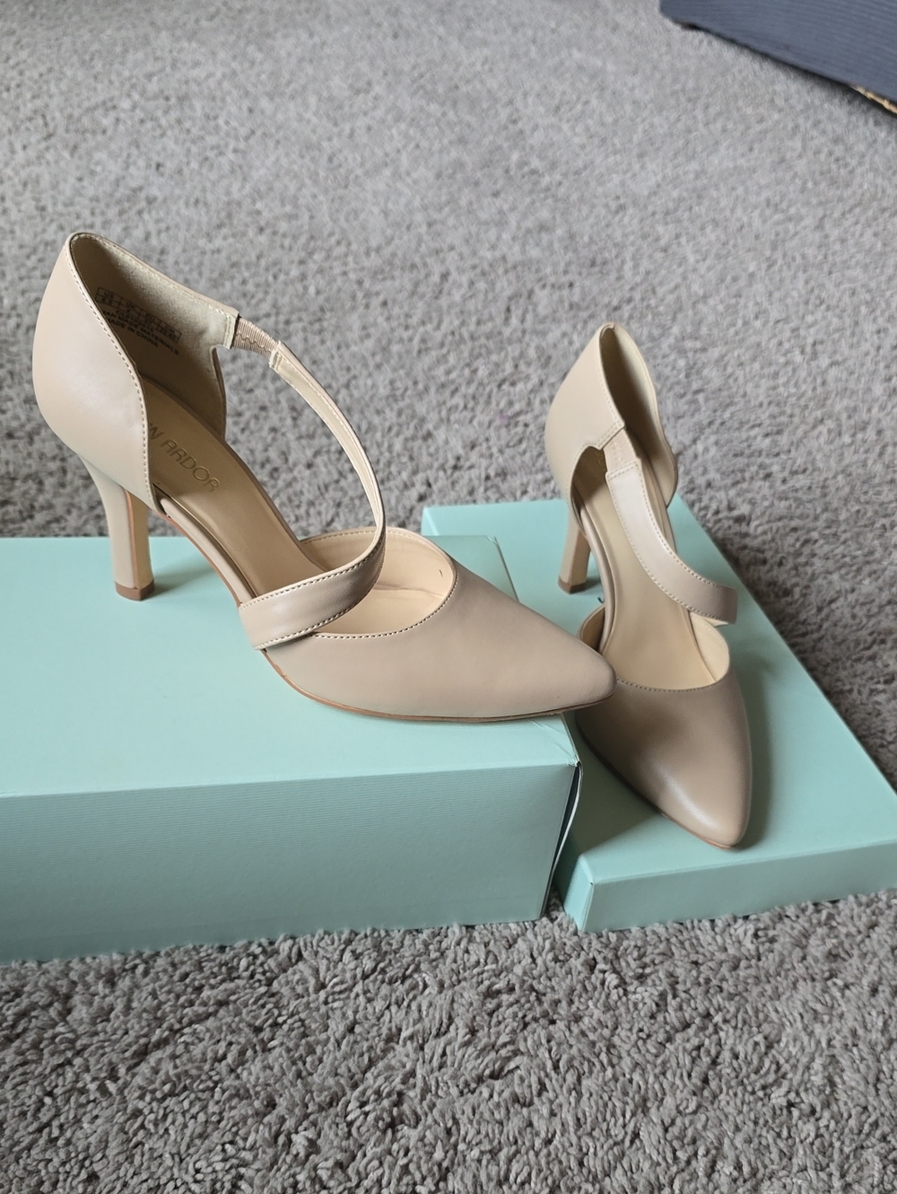 Jenn Ardor Beige Pointed T-Strap Stiletto Heels